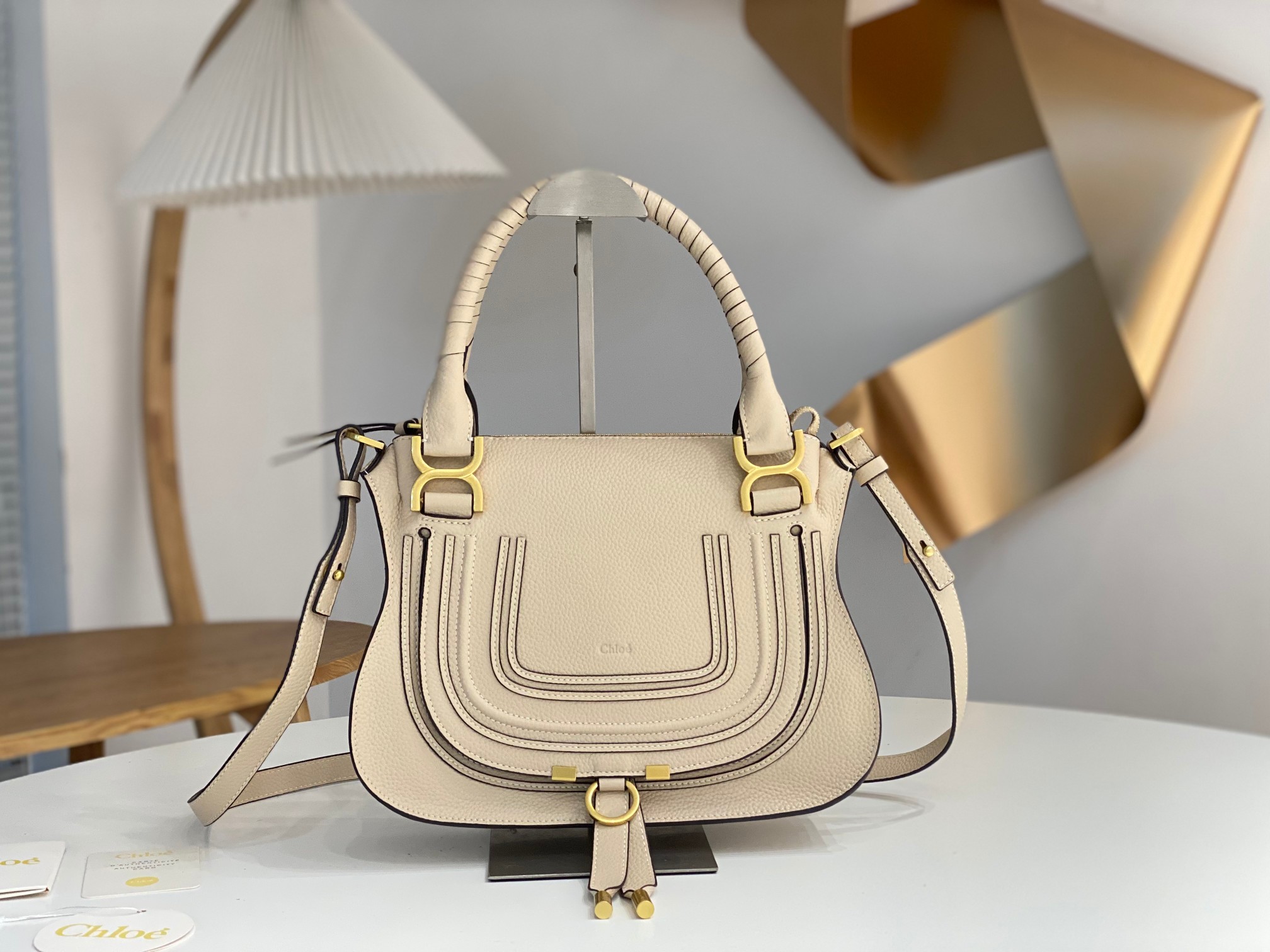 Chloe Small Marcie Bag In Vegetal Beige Grained Leather